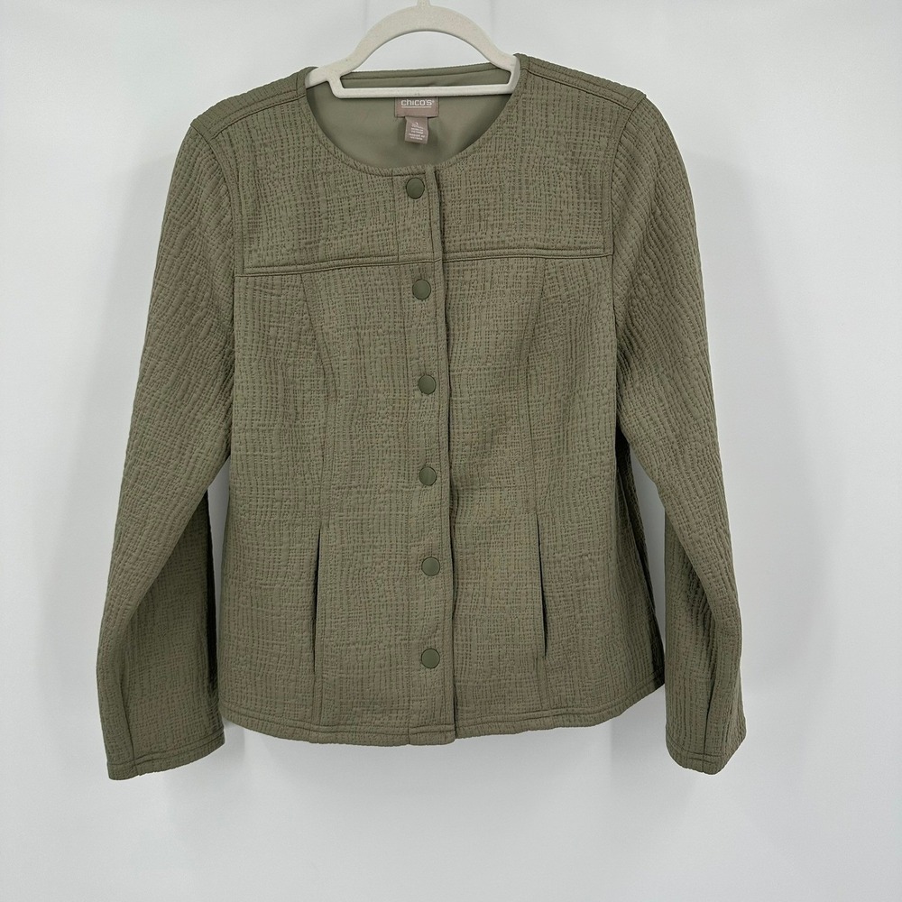 Chicos Womens Olive Green Utility Jacket Size 1 US M Textured Collarless Capsule